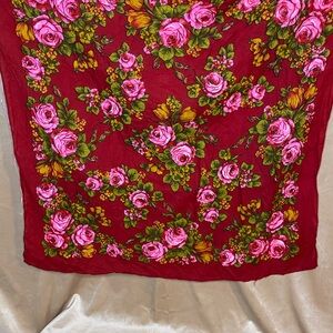 Vintage English Village 100% Pure Virgin Wool Red Floral Babushka Scarf